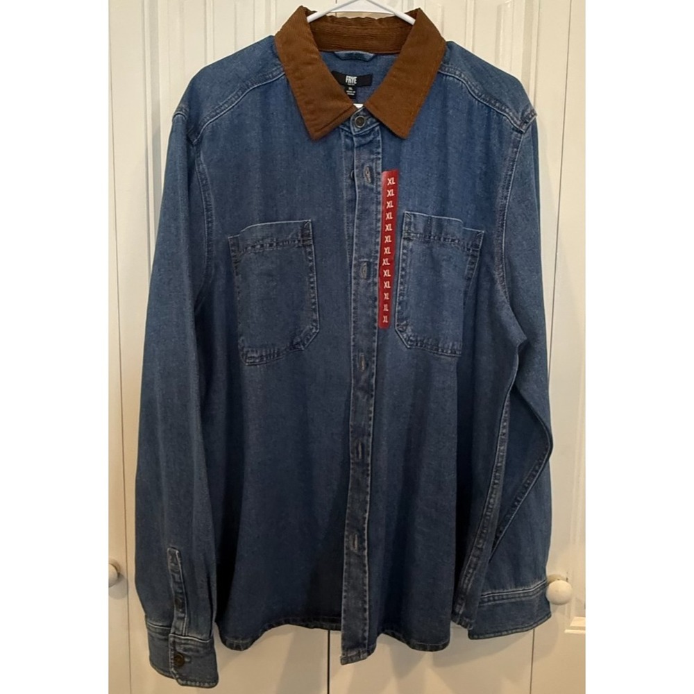 NWT FRYE Men's XL Denim Shacket Jacket Corduroy Collar Blue Barn Workwear